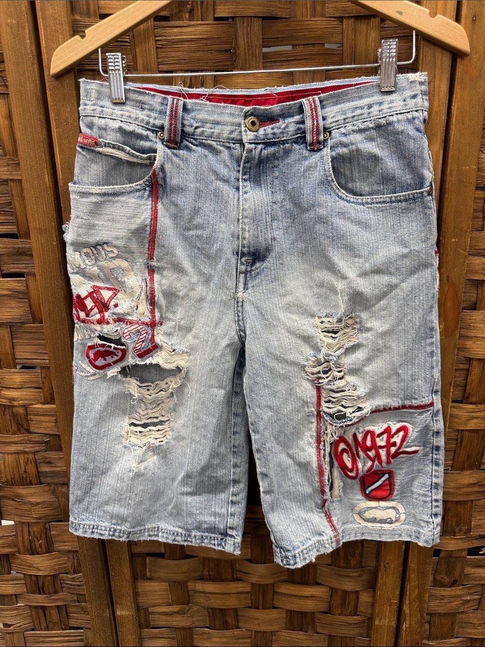 Vintage Y2K Ecko Unlimited Light Wash Denim Shorts with Red Trim